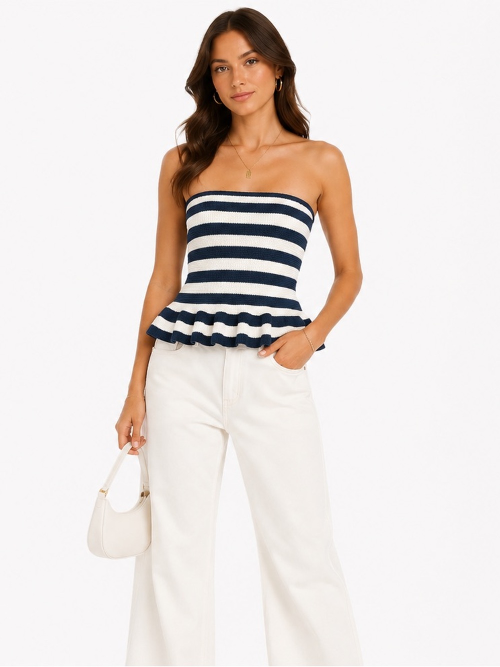 Striped Navy & White Strapless Peplum Top